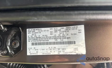 2015 Ford F150 Supercrew from USA, damaged, VIN 1FTEW1EP8FFB53585